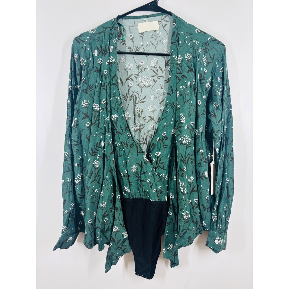 Capulet Women Emerald Green Floral Surplice Long Sleeve Bodysuit Wrap Top